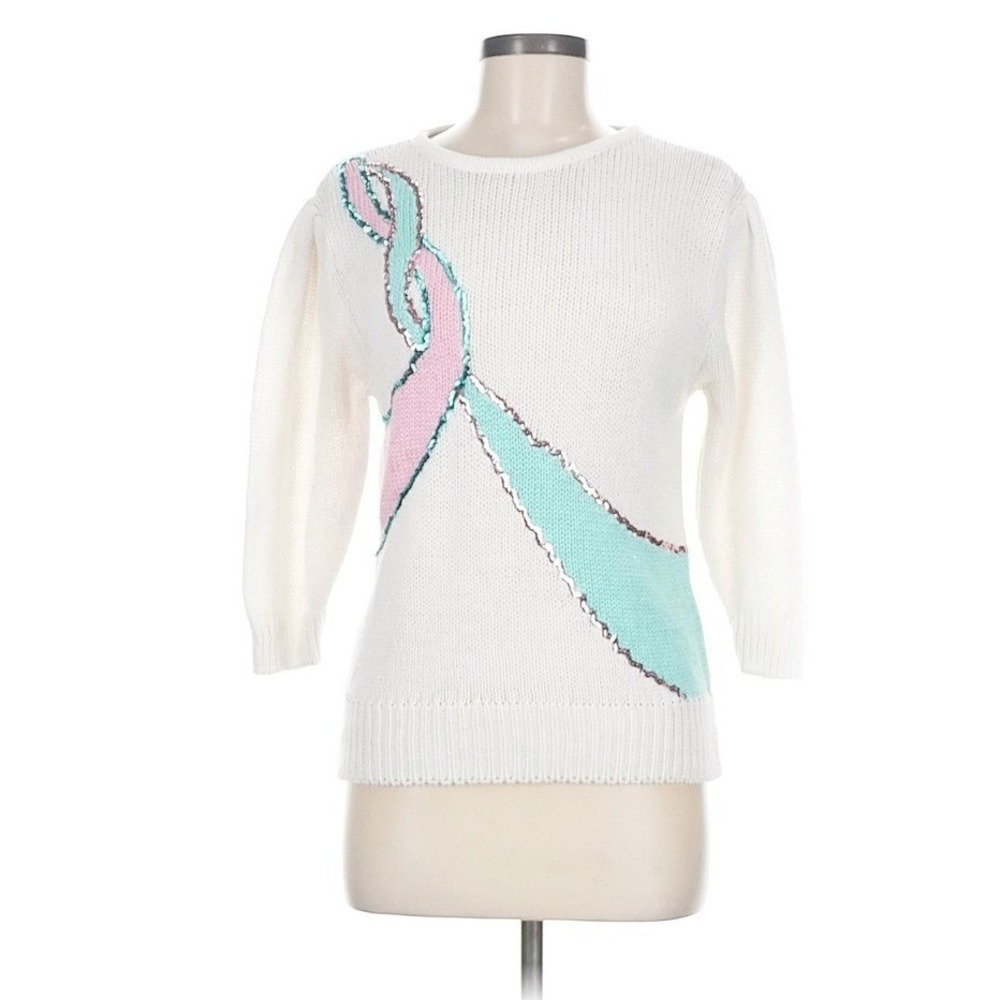 Andene White Sequins Ribbon Sweater 3/4 Sleeve Knit Pullover Sz M 1980s‎ 80s